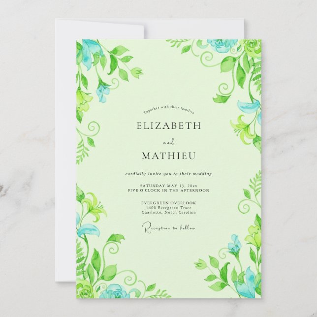 Lime Aqua Foliage Eucalyptus Wedding Invitation (Front)