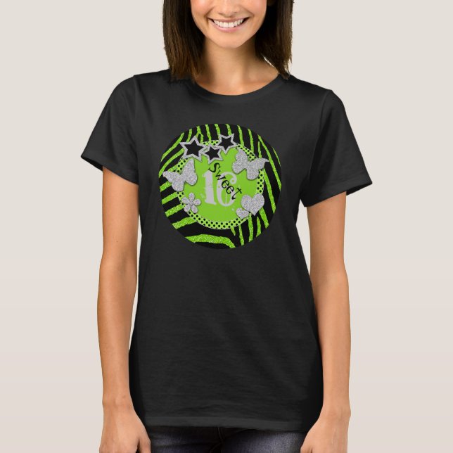 Lime Black Silver Zebra Glitter Sweet 16 T-Shirt (Front)