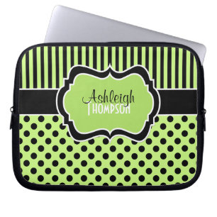 Lime, Black, White, Polka Dot Stripe Laptop Sleeve