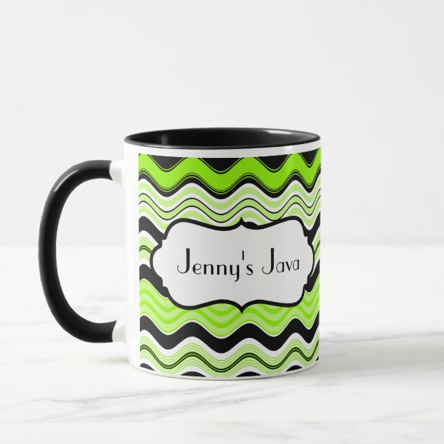 Lime, Black, White Wavy Stripes Personalised Mug (Left)