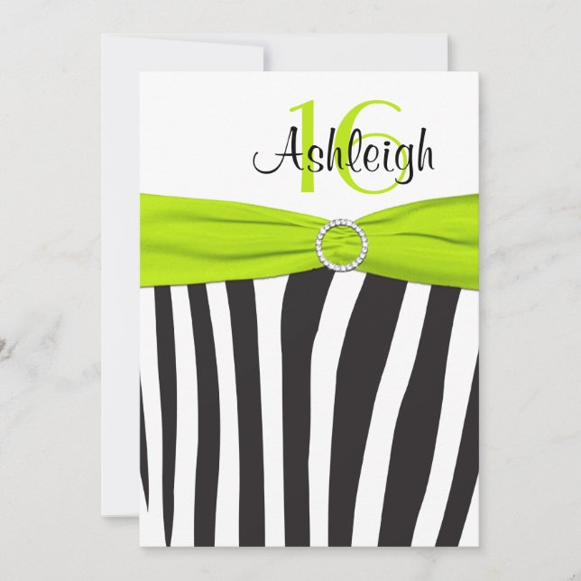 Lime, Black, White Zebra 16th Birthday Invitation (Front)