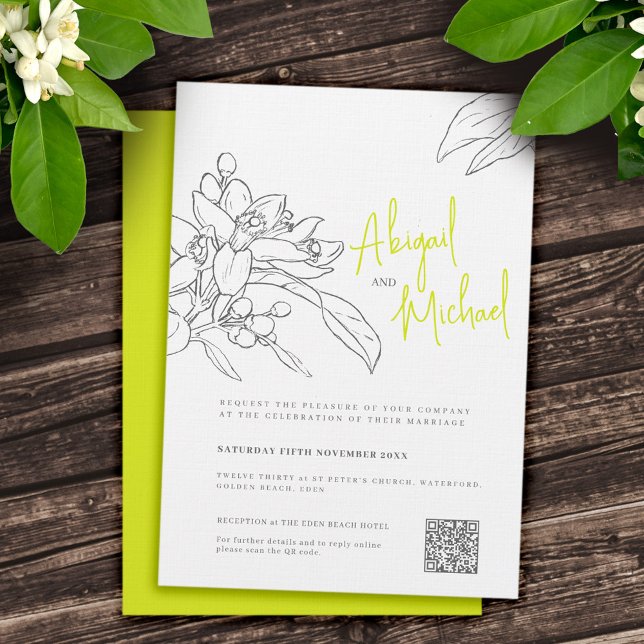 Lime blossom sketch yellow grey wedding invitation (Creator Uploaded)