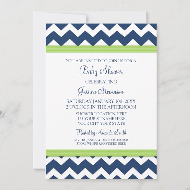 Lime Blue Chevron Custom Baby Shower Invitations (Back)