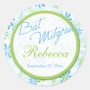 Lime, Blue, White Floral 1.5" Round Bat Mitzvah Classic Round Sticker