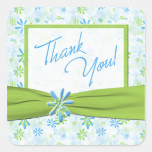 Lime, Blue, White Floral 1.5" Sq. Thank You Square Sticker