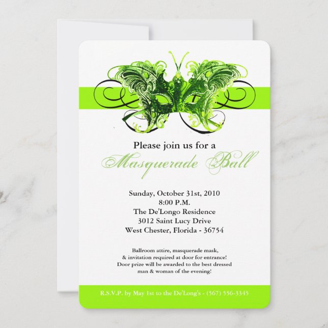 Lime Butterfly Masquerade Mask Costume Halloween Invitation (Front)