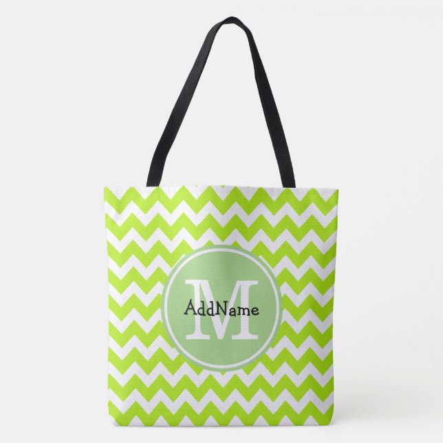 Lime Chevron, Custom Monogram Personalised Name Tote Bag (Front)