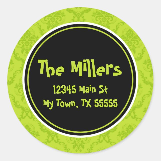 Lime Damask Round Address Stickers (Front)