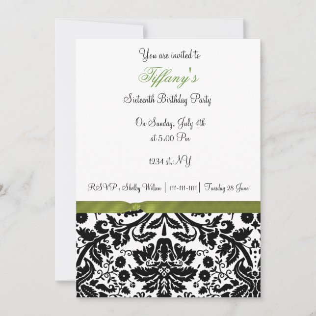lime damask Sweet Sixteen party Invitation (Front)
