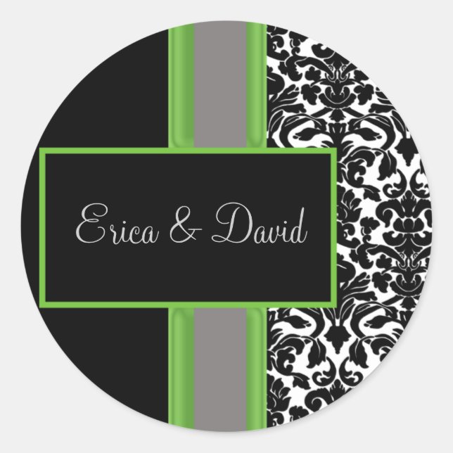 lime damask Wedding Monogram stickers (Front)
