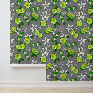 Lime Fruit and Flowers Stylish Citrus Patterned Wallpaper