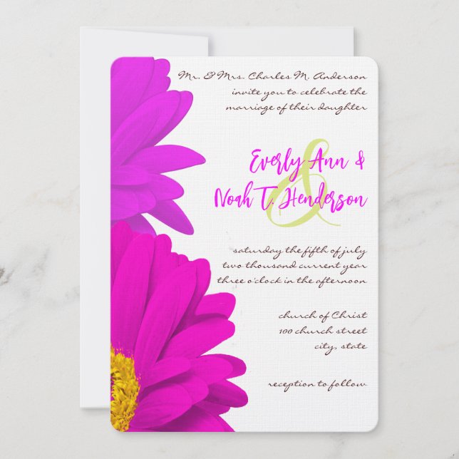 Lime & Fuchsia Gerber Daisy Wedding Invitation (Front)