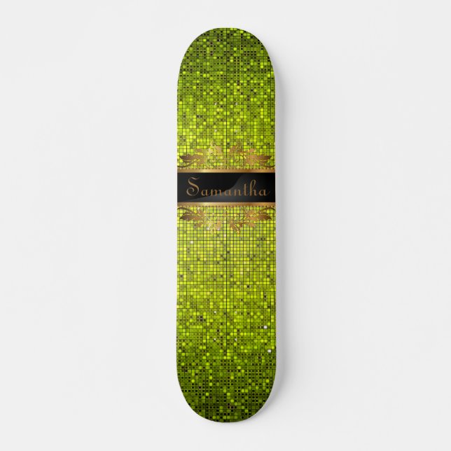 Lime Glitter Sequin Disco Old School Skateboard (Front)