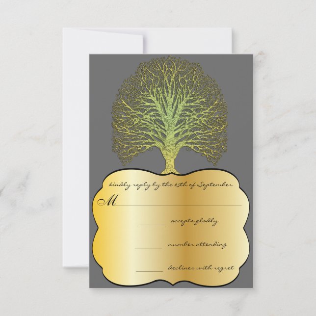 Lime Gold Swirl Damask Tree Wedding RSVP Card (Front)
