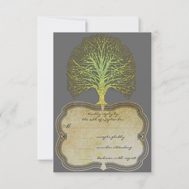 Lime Gold Swirl Damask Tree Wedding RSVP Card (Front)