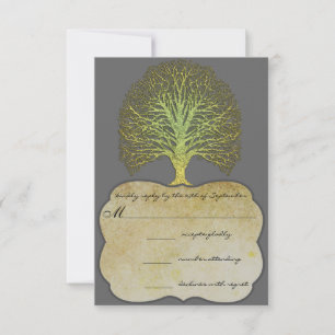 Lime Gold Swirl Damask Tree Wedding RSVP Card