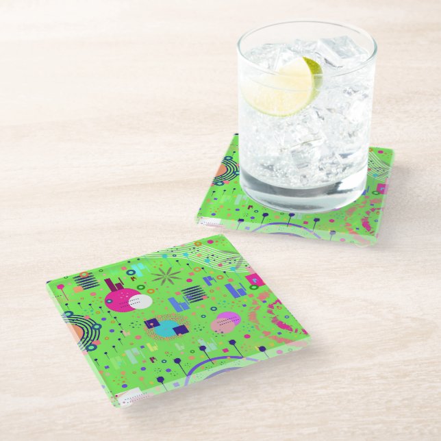 Lime Green Abstract Print Glass Coaster (Angled)