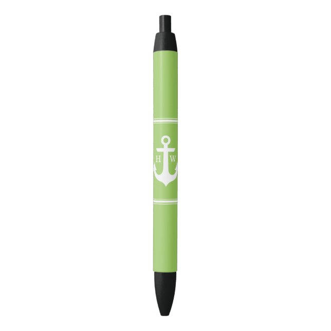 Lime Green Anchor Monogrammed Black Ink Pen (Front Vertical)