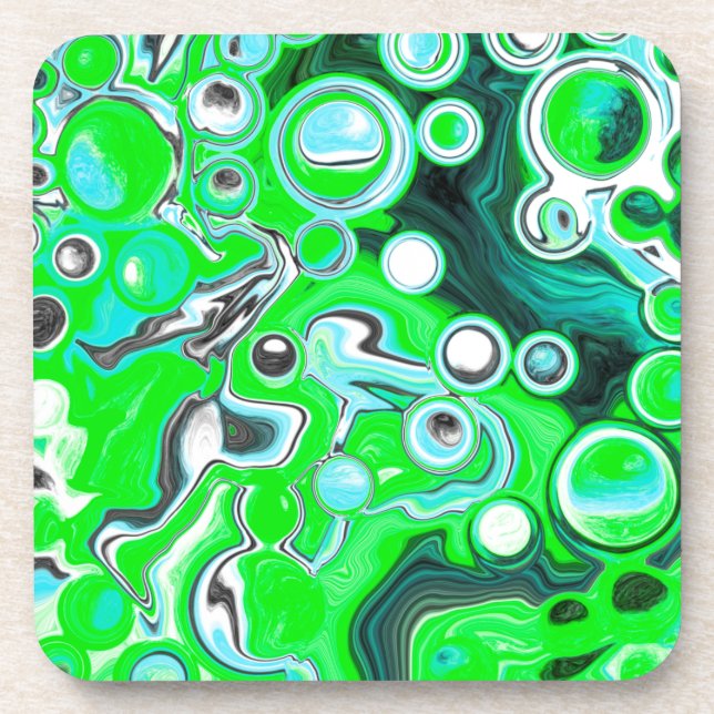 Lime Green and Aqua Blue Bubble Abstract Art Coaster (Front)