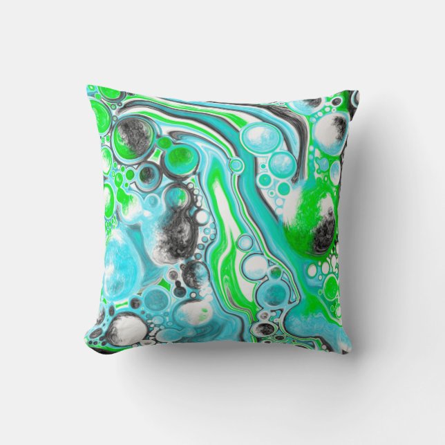 Lime Green and Aqua Blue Bubble Abstract Art Cushion (Front)