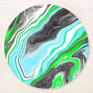 Lime Green and Aqua Blue Bubble Abstract Art  Round Paper Coaster