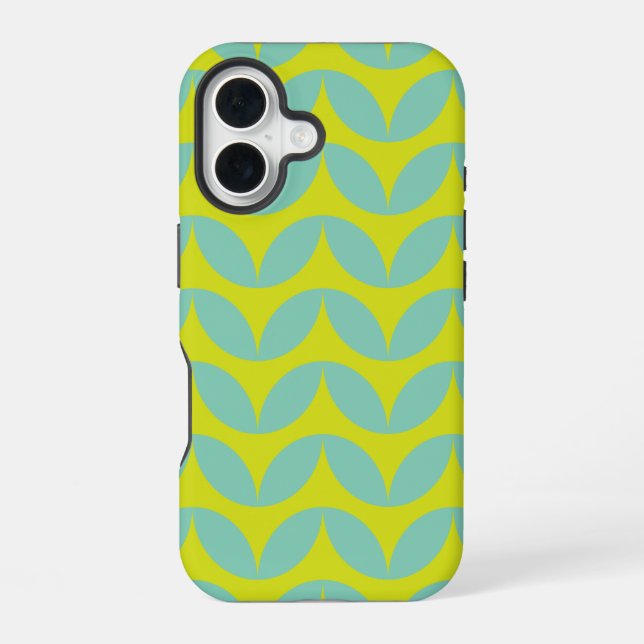 Lime Green and Aqua Blue Retro Leaf Pattern iPhone 16 Case (Back)