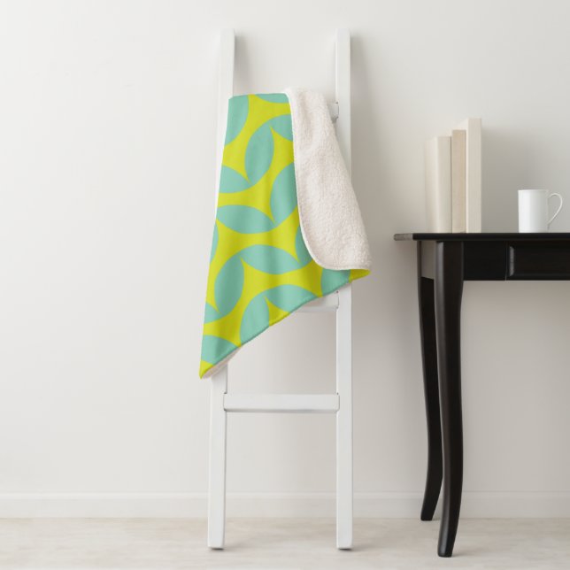 Lime Green and Aqua Blue Retro Leaf Pattern Sherpa Blanket (In Situ)