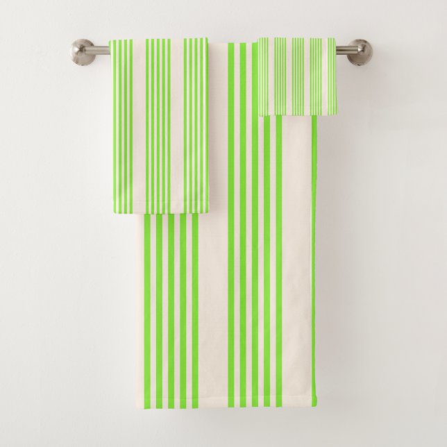 Lime green and beige five stripes pattern bath towel set (Insitu)