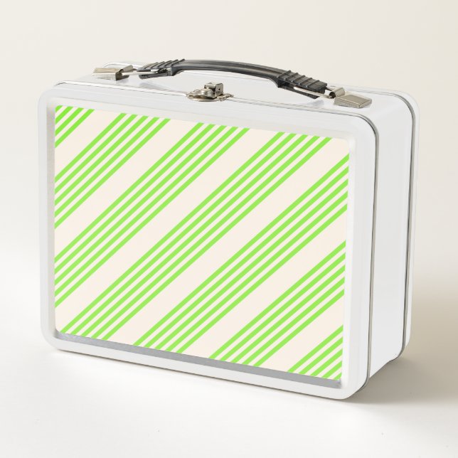 Lime green and beige five stripes pattern metal lunch box (Front)