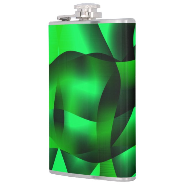 Lime green and black curling, with shadow? hip flask (Left)