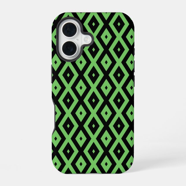 Lime green and black diamond pattern  iPhone 16 case (Back)