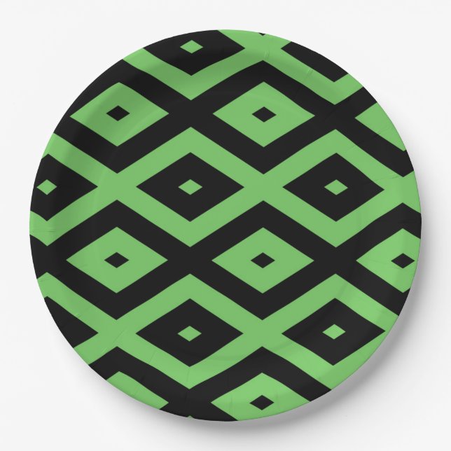 Lime green and black diamond pattern paper plate (Front)