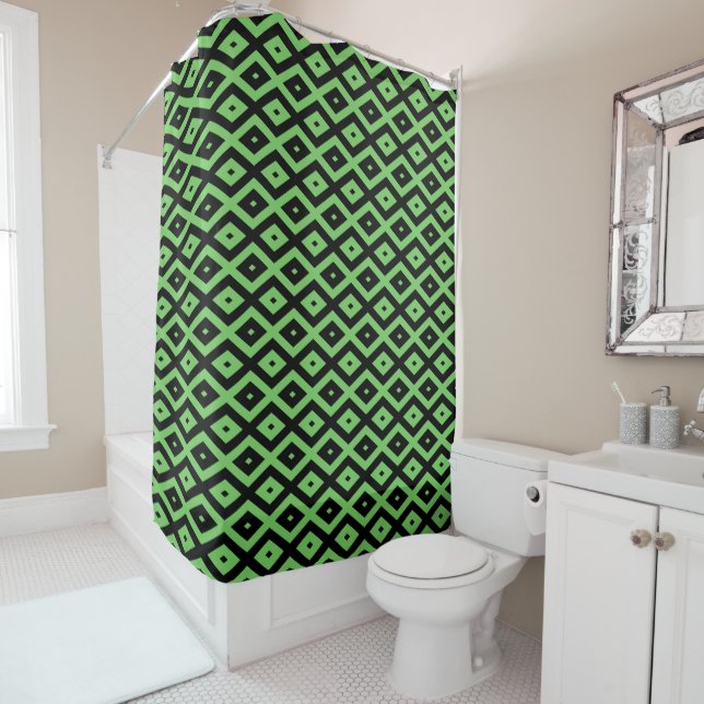 Lime green and black diamond pattern shower curtain (In Situ)