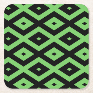 Lime green and black diamond pattern square paper coaster