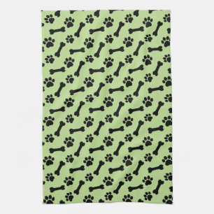 LIME GREEN and BLACK Dog Paws and Bones B03 Tea Towel