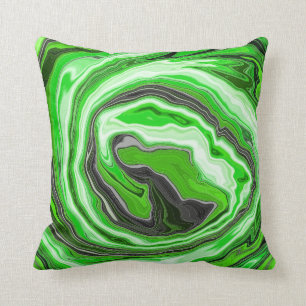 Lime Green and Black Marble like Swirls Fluid Art Cushion