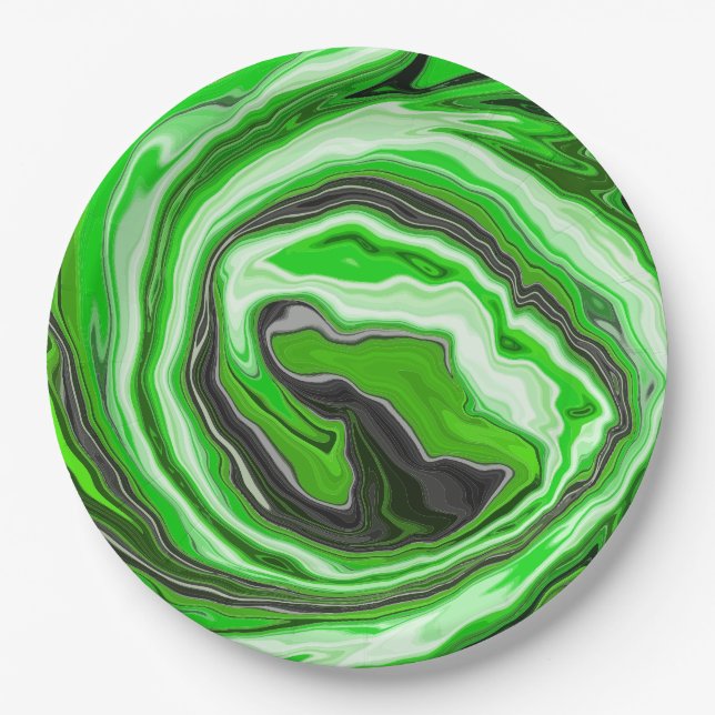 Lime Green and Black Marble like Swirls Fluid Art  Paper Plate (Front)