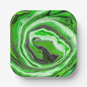 Lime Green and Black Marble like Swirls Fluid Art Paper Plate