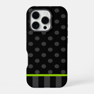 Lime Green and Black Polka Dot Stripes iPhone 16 Pro Case