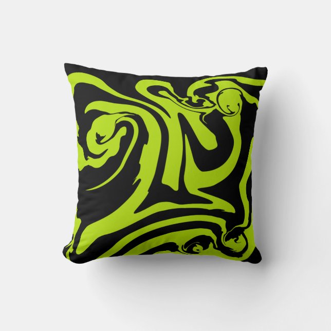 Lime Green and Black retro marble swirl Cushion (Front)