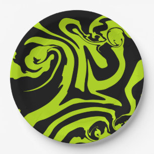 Lime Green and Black retro marble swirl Paper Plate