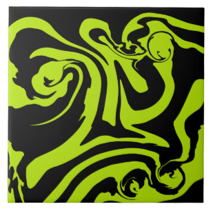 Lime Green and Black retro marble swirl Tile