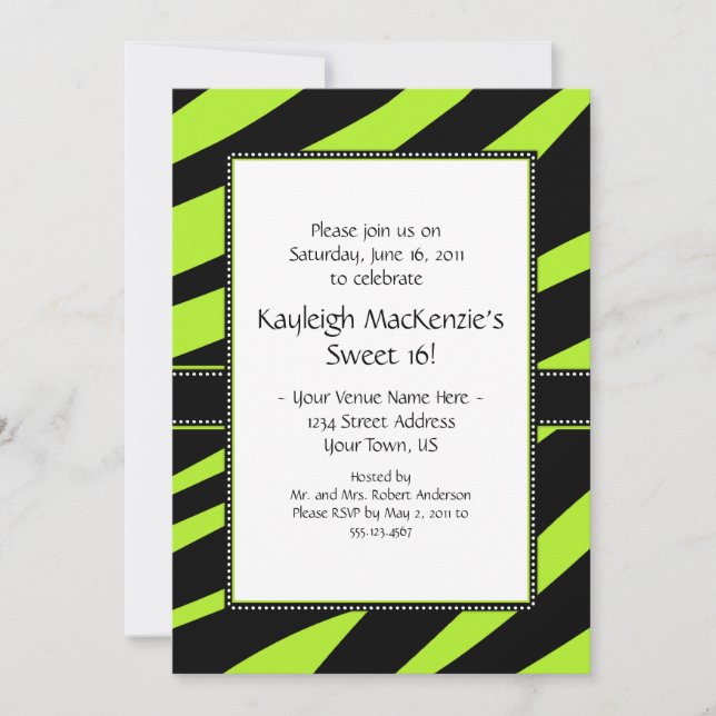 Lime Green and Black Zebra Stripes Sweet 16 Invita Invitation (Front)