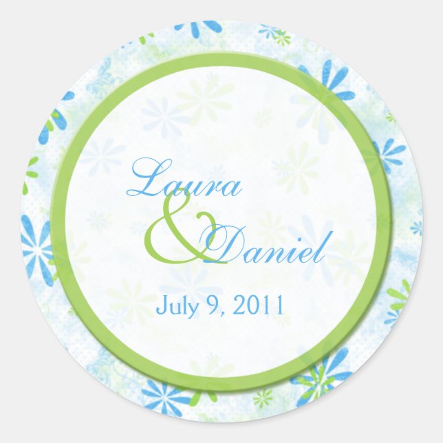Lime Green and Blue Floral 1.5" Round Sticker (Front)