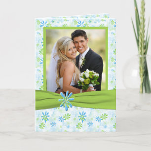 Lime Green and Blue Floral Photo Thank you Card