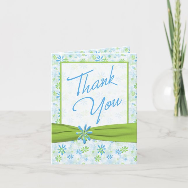 Lime Green and Blue Floral Thank You Note Card (Front)