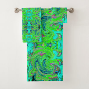 Lime Green and Blue Groovy Abstract Retro Art Bath Towel Set