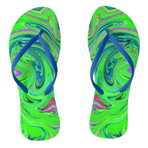 Lime Green and Blue Groovy Abstract Retro Art Jandals