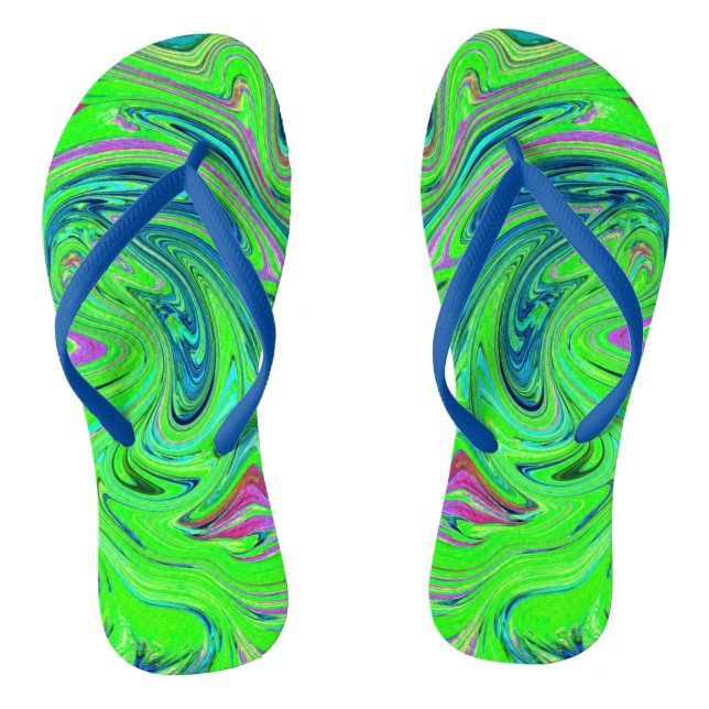 Lime Green and Blue Groovy Abstract Retro Art Jandals (Footbed)