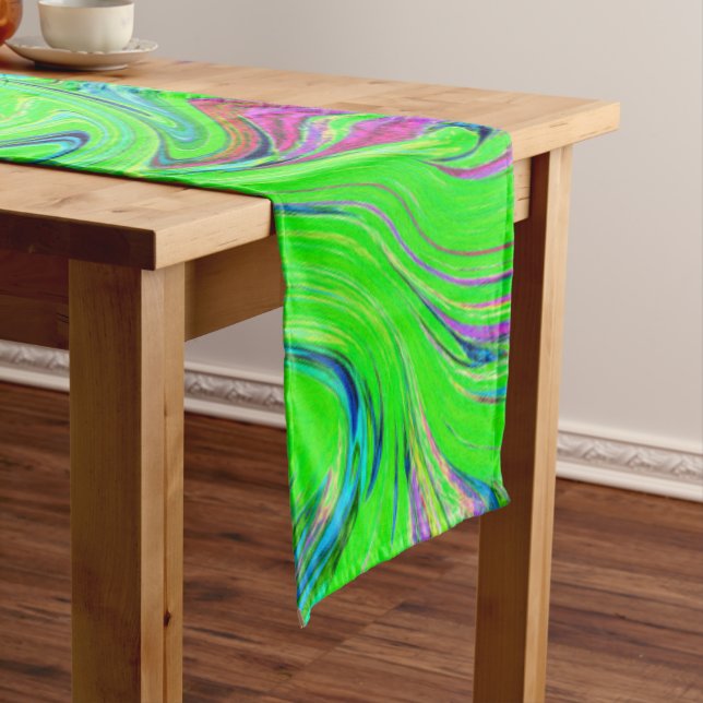 Lime Green and Blue Groovy Abstract Retro Art Medium Table Runner (In Situ)